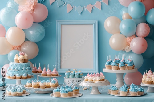 blank white card on blue and white decoration, for baby boy birthday party, cake and balloons