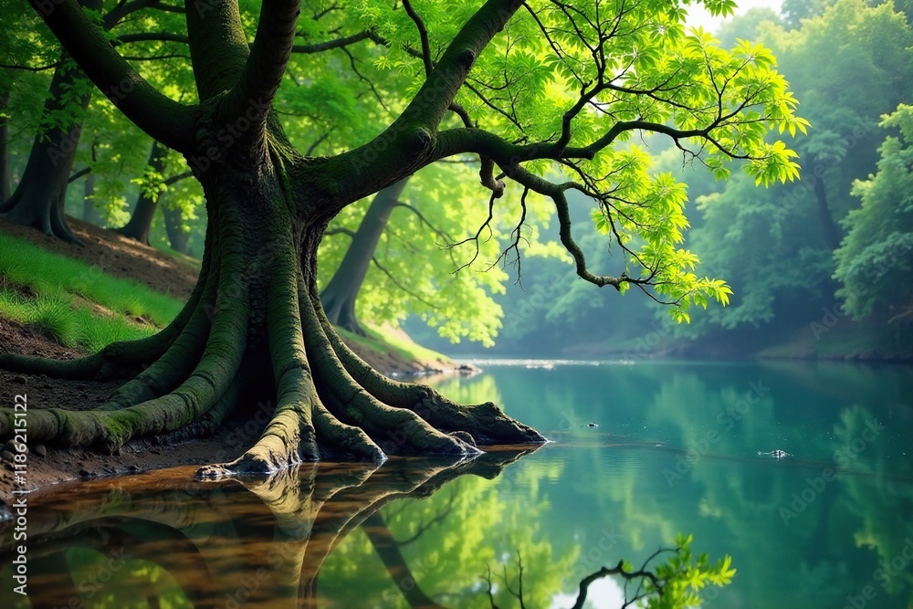 Tree with gnarled branches and roots exposed in the water, natural scenery, forest ecosystem, serene atmosphere Tree with gnarled branches and roots exposed in the water, natural scenery, forest ecosystem, serene atmosphere