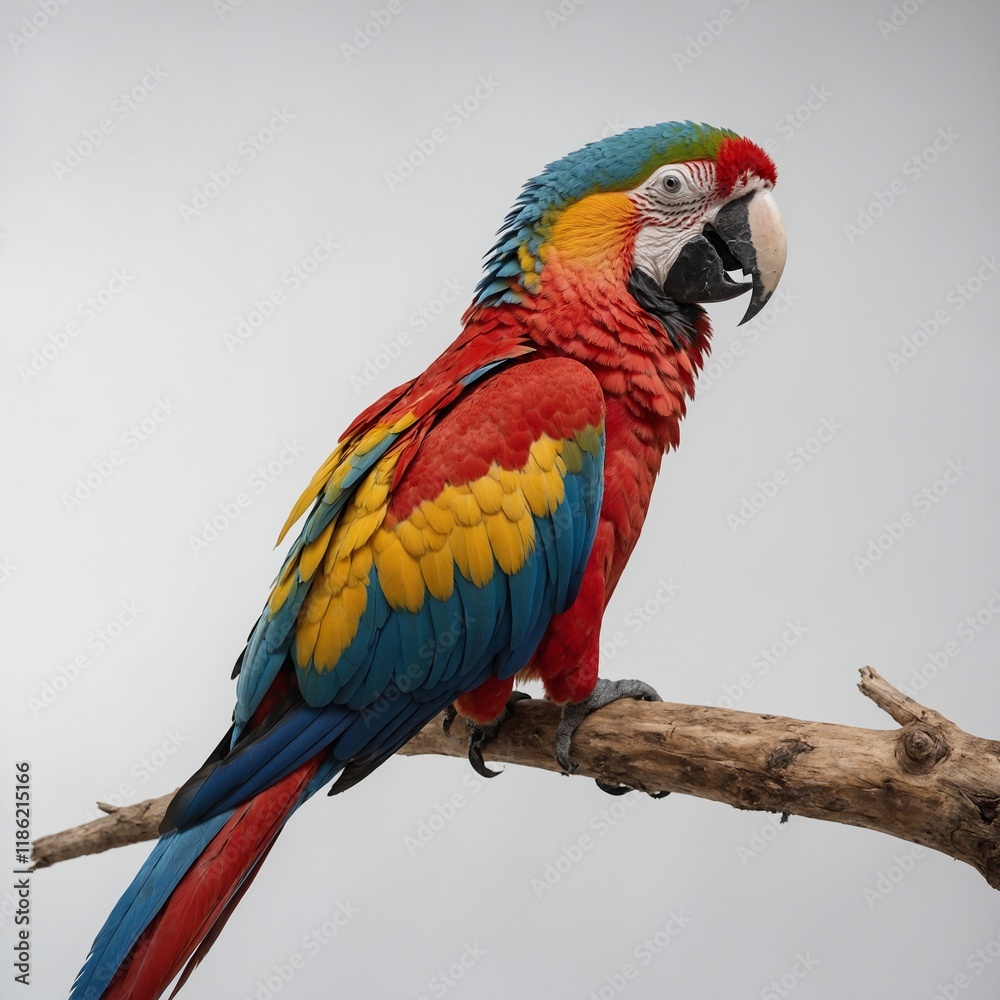 Obraz premium A colorful macaw perched on a branch with a white background.