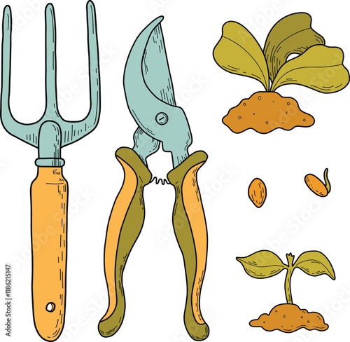  Garden. Large set of vector illustrations of agriculture. Garden tools, household collection. Growing vegetables. Spring greenhouse plants, seedlings, potting ladder, compost. Landscape design.