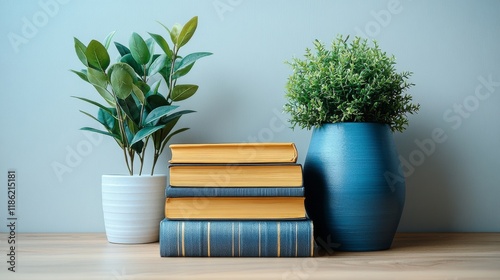 Vibrant stack of books beside a green plant in a modern interior setting