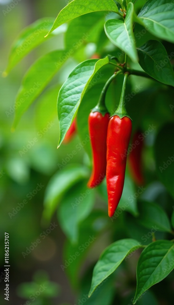 Red hot chili peppers growing on a tree in the garden, leaves, greenery, blossoms Red hot chili peppers growing on a tree in the garden, leaves, greenery, blossoms