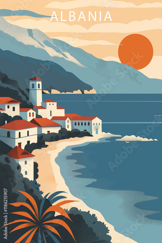 Vintage travel poster of Albania, Adriatic Coastline. Vertical banner with tranquil picturesque view, beautiful landscape. Ai generated image..