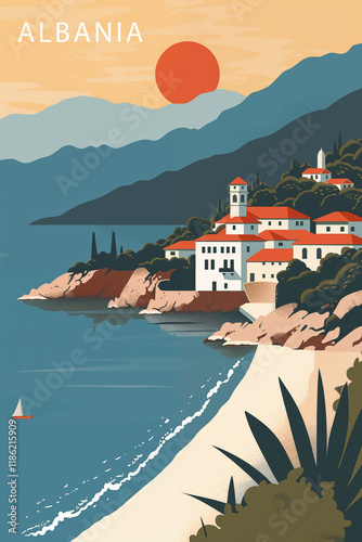 Vintage travel poster of Albania, Adriatic Coastline. Vertical banner with tranquil picturesque view, beautiful landscape. Ai generated image.