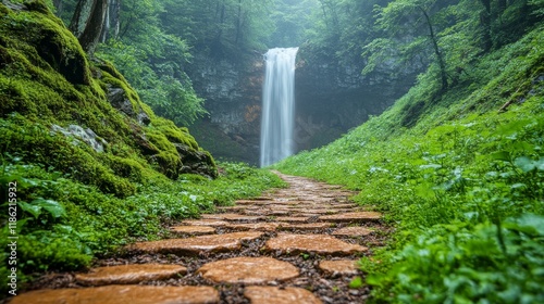 Scenic pathway leading to a majestic waterfall in a lush green forest setting