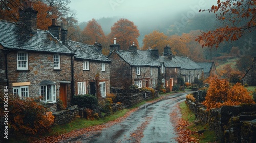 Charming cottages line a winding road through a misty autumn landscape in a q...