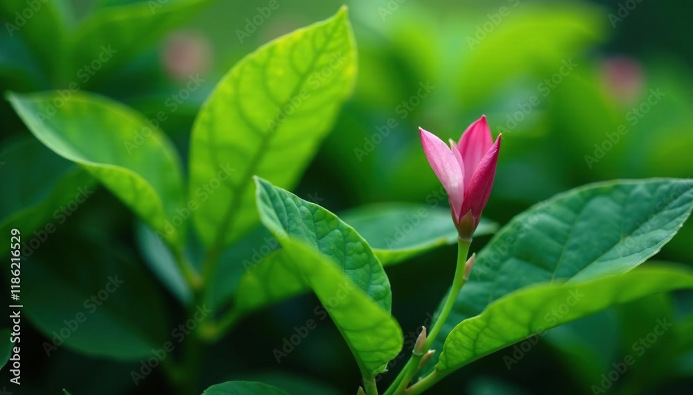 Tiny pink petals peeking out from beneath large leaves, bush blooms, leafy scene, leafy greens Tiny pink petals peeking out from beneath large leaves, bush blooms, leafy scene, leafy greens