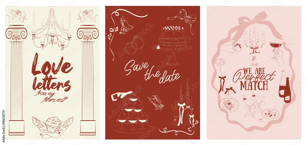 Collection of Romantic posters witn food, drink, candle and romantic elements. Romantic invitation or greeting cards. Valentines Day, Save the date, Wedding illustration. Editable vector illustration. Collection of Romantic posters witn food, drink, candle and romantic elements. Romantic invitation or greeting cards. Valentines Day, Save the date, Wedding illustration. Editable vector illustration.