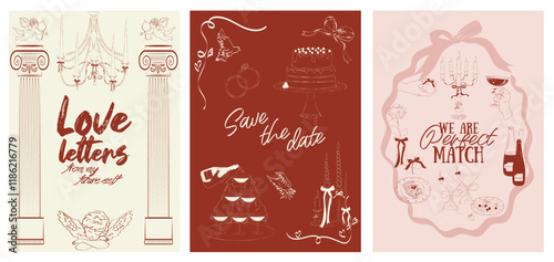 Collection of Romantic posters witn food, drink, candle and romantic elements. Romantic invitation or greeting cards. Valentines Day, Save the date, Wedding illustration. Editable vector illustration.