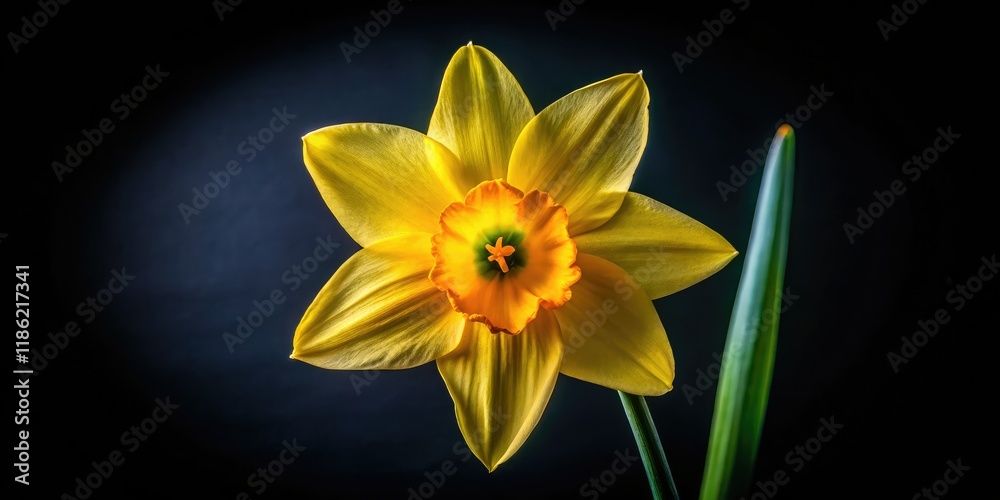 Obraz premium Close-up macro shot: vibrant yellow daffodil petals, detailed stem against a dark backdrop.