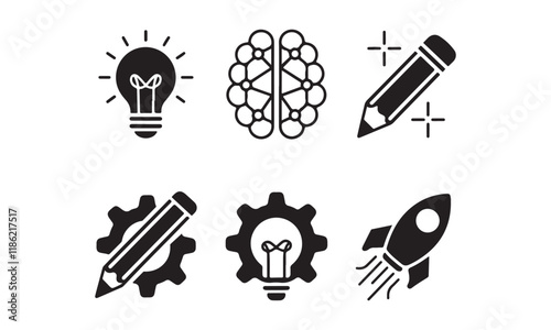 Innovation and Creativity Silhouette Icons with Lightbulb, Brain, Pencil, and Rocket
