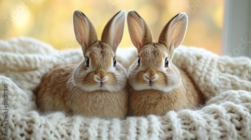 Two fluffy rabbits cuddling together in a cozy knitted blanket during a sunny...