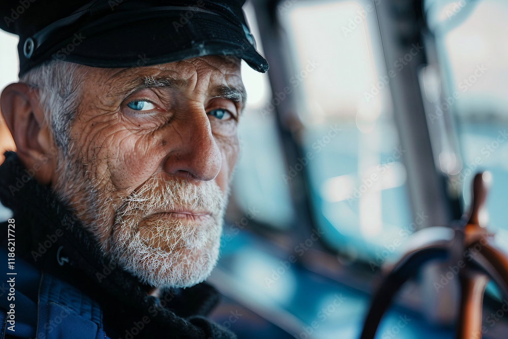 Generative AI image of confident ship captain aboard cruise liner, showcasing marine travel themes Generative AI image of confident ship captain aboard cruise liner, showcasing marine travel themes