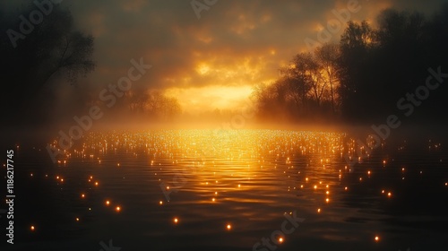 Serene morning mist over tranquil lake at dawn with shimmering water reflections