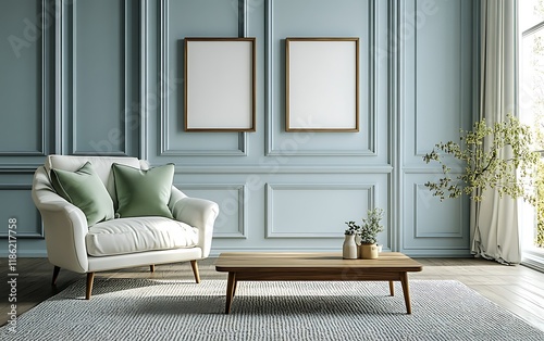 Elegant living room, armchair, coffee table, wall frames, plants, serenity photo