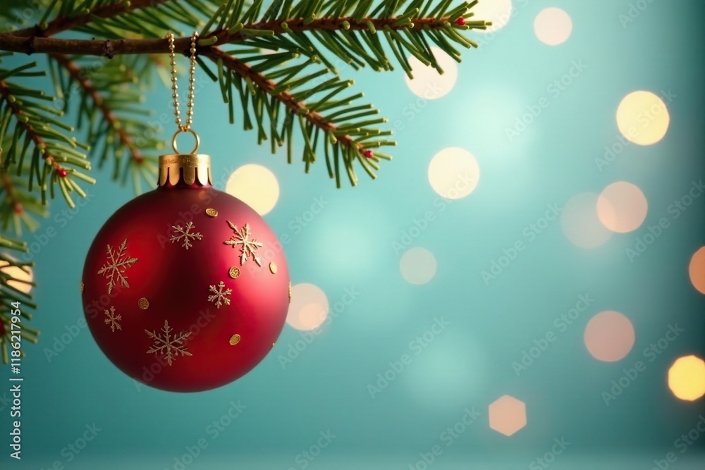 Red and gold Christmas ornament hanging from a branch, branch decorations, Christmas tree branches Red and gold Christmas ornament hanging from a branch, branch decorations, Christmas tree branches