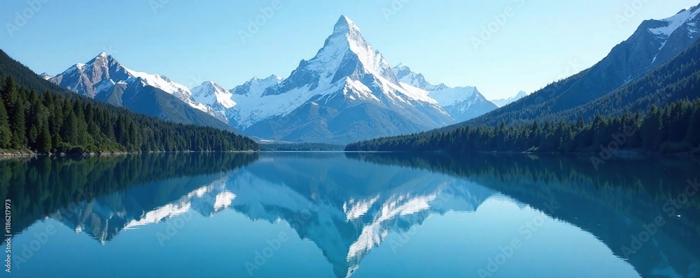 Naklejka premium Serene snow-capped peak reflected in the calm blue waters of a majestic lake, , serene, blue