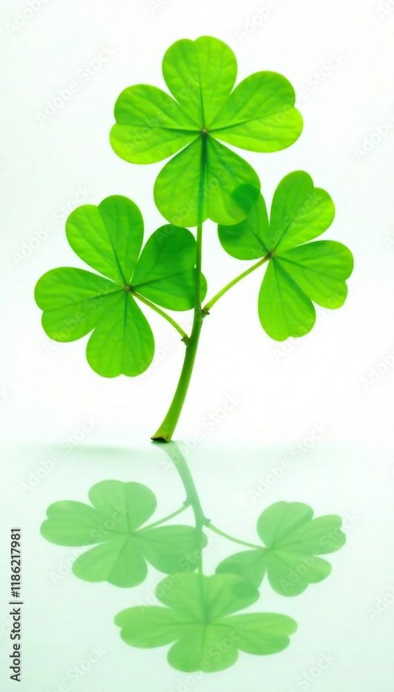 Shiny green clover leaves reflected on a clean white background, bloom, reflect, green