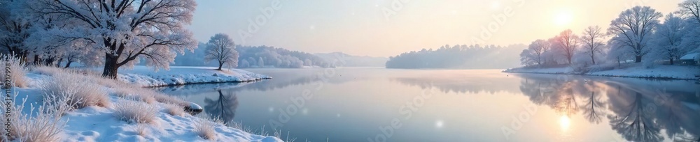 Fototapeta premium Frosty landscape on a cold and clear morning by the lake, frost, ice, peaceful