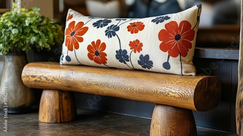 Modern orange and wooden sofa with cushion in minimalist style