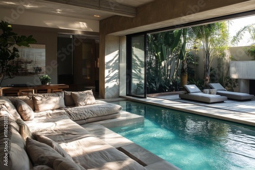 Elegant indoor pool area with natural lighting and modern lounge seating