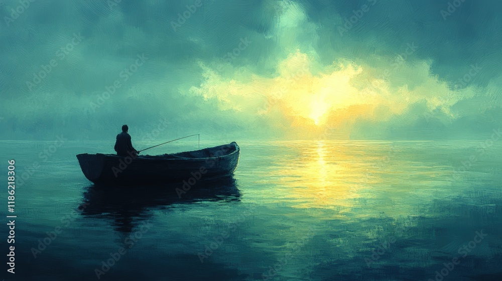 Solitary fisherman, sunrise, tranquil water, small boat.