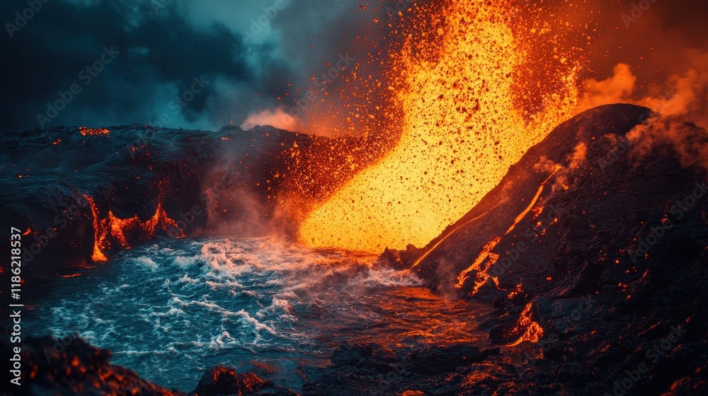 Molten Lava Flowing into the Ocean with Dramatic Smoke and Steam Molten Lava Flowing into the Ocean with Dramatic Smoke and Steam