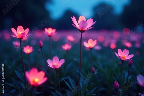 Softly glowing bioluminescent flowers in a field, bioluminescence, serene scene, peaceful atmosphere