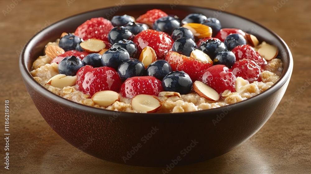 Bowl of oatmeal topped with fresh berries and nuts with a drizzle of honey, offering a healthy, wholesome breakfast option packed with natural flavors and nutrients. Bowl of oatmeal topped with fresh berries and nuts with a drizzle of honey, offering a healthy, wholesome breakfast option packed with natural flavors and nutrients.