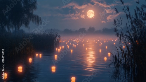 Luminous lanterns floating on calm water under a full moon at twilight