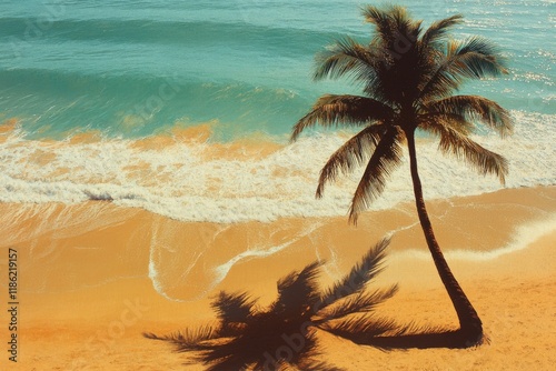 Relaxing view of a palm tree on a sandy beach with gentle ocean waves in the ...