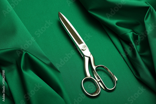 Top down view of fashion designers table with emerald green silky brocade on it and professional sewing scissors on top. One of the most popular solid color fashion fabrics after classical satins.