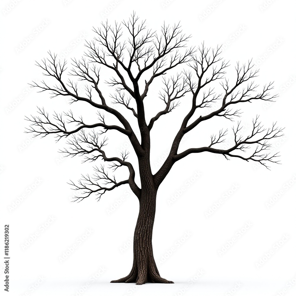 Obraz premium Big tree with bare branches against a plain white background, branch, tree
