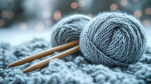 Cozy knitting materials on a soft, textured blanket with wool yarn balls and ...