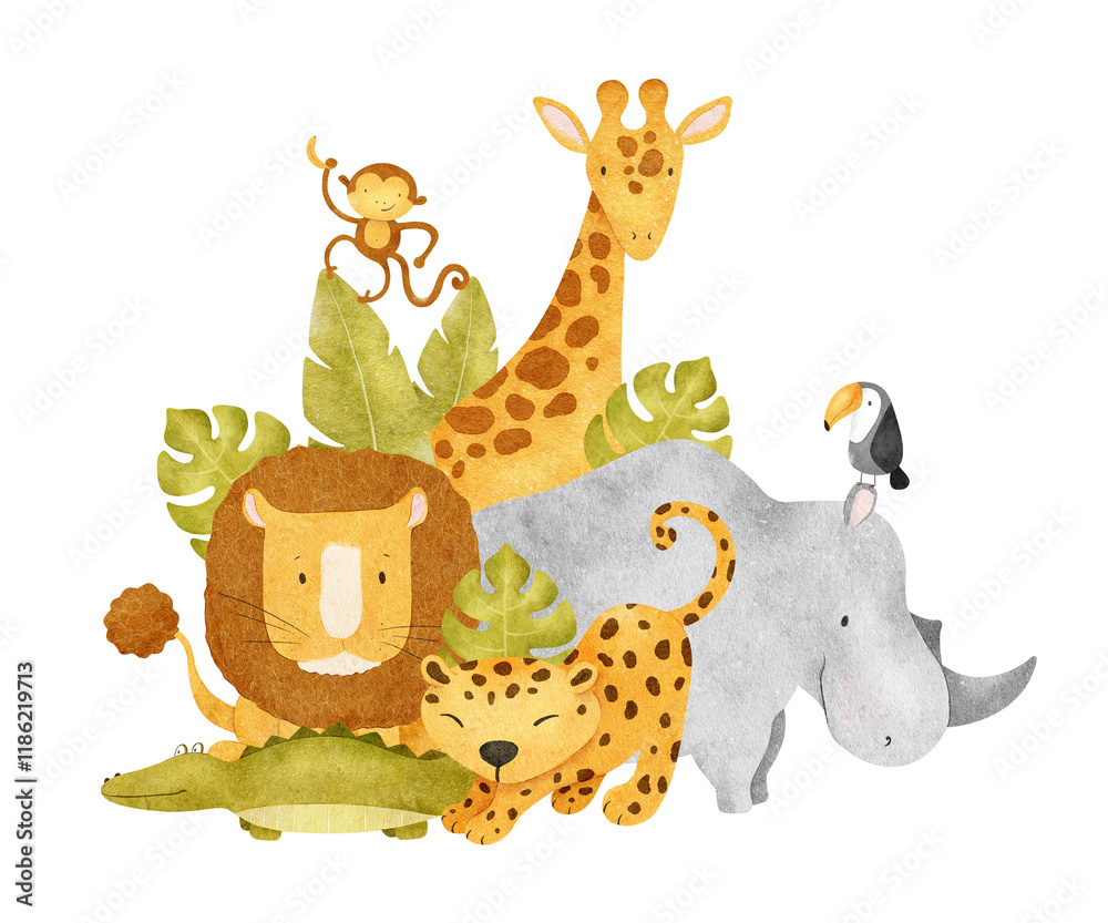 Naklejka premium African jungles animals rhino, lion, monkey, giraffe, leopard, crocodile, toucan, tropical leaves. Safari kids isolated hand drawn watercolor illustration for design baby shower cards, poster