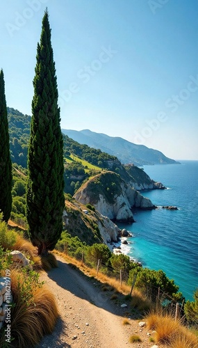 Olive groves and cypress trees along the coastline, olive grove, cypress, tree