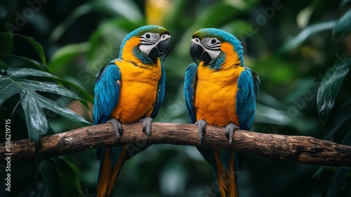 Colorful budgerigars perched together on a branch in a lush garden setting