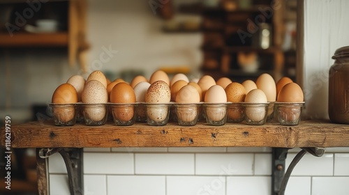 Decorative kitchen display featuring eggs, flowers, and grains on rustic wood...