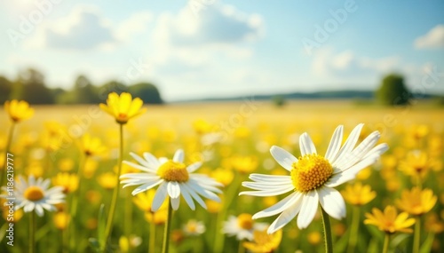 Field of golden daisies swaying in the breeze, wheat, gentle, sunshine photo