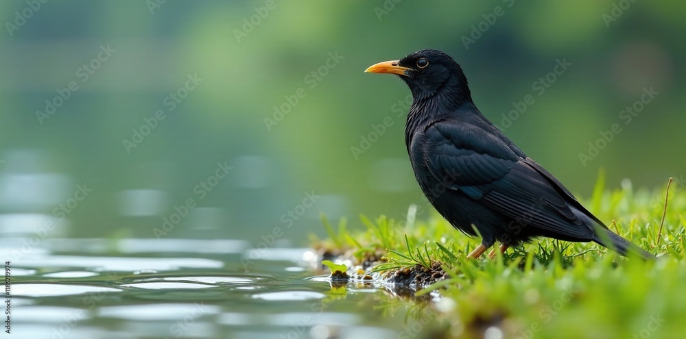 Obraz premium Blackbird sits on wet grassy lake shore with ripples, grass, blackbird, feathers