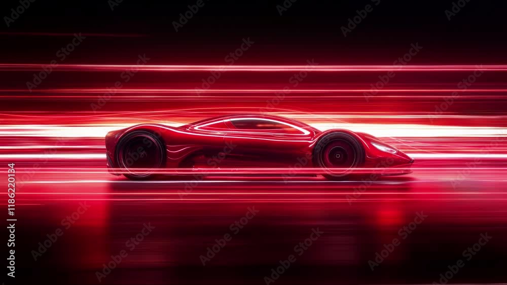 Side view of speeding sleek red sports car on neon highway. Powerful acceleration of a supercar on a night track with neon lights and trails. 3d animation
