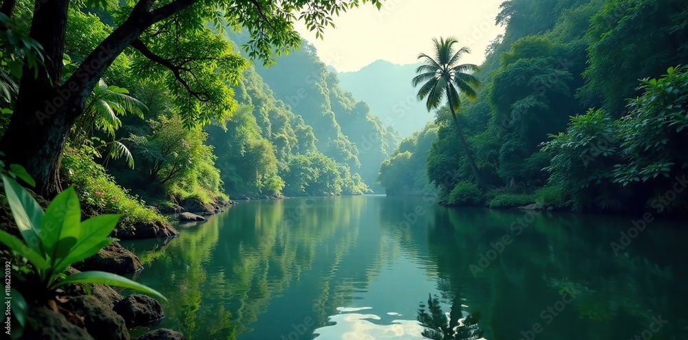 Dense foliage surrounds a tranquil river bend, riverside, water, tropical rainforest