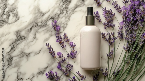 Lavender-scented lotion bottle beside fresh lavender flowers on a marble surface
