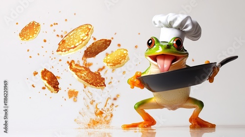  Frog wearing a chef’s hat holding frying pan on a white background, flipping pancakes into the air. Whimsical and playful concept featuring an animal as a chef. photo