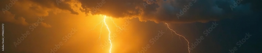 Dark grey clouds are streaked across a brilliant yellow sky as bolts of lightning light up the atmosphere in a warm golden glow, atmospheric effects, dark clouds, electrical discharge