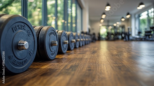 Weightlifting equipment arranged neatly in a modern gym during early morning ...