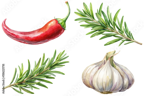 Fresh herbs and spices, vibrant watercolor illustration, culinary ingredients, garlic, chili pepper, rosemary sprigs.