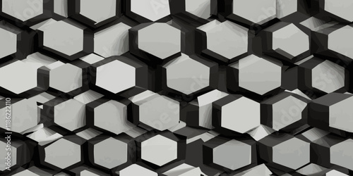 Abstract 3d white and silver color cube black hexagonal geometric texture pattern surface bright honeycomb metal hexagon design.