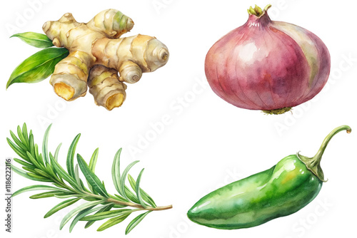 Fresh herbs and vegetables, watercolor illustration, vibrant colors, culinary ingredients, natural food art.