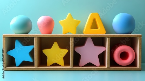 Colorful wooden shape sorting toy featuring various geometric figures and bri...